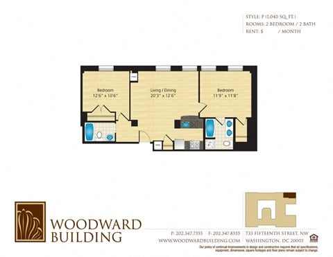 Floor plan for 2 beds, 2 baths, 1040 sqft